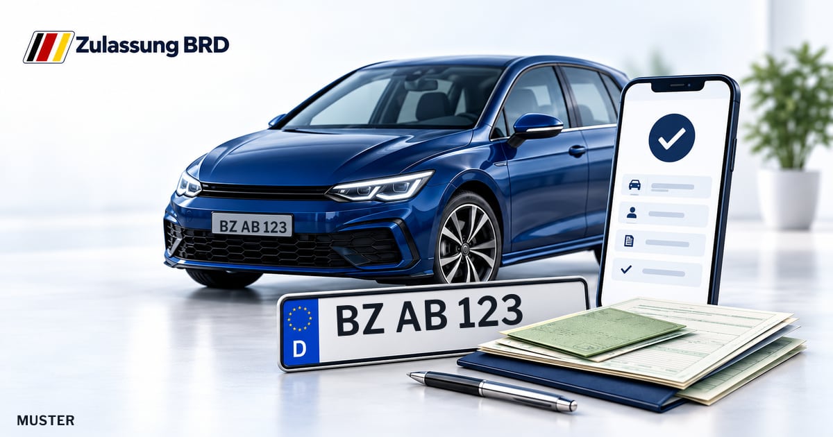 Online Fahrzeugzulassung in Radeberg: Musterkennzeichen BZ AB 123, Auto und Fahrzeugpapiere und Smartphone. Illustration mit Logo von Zulassung BRD.